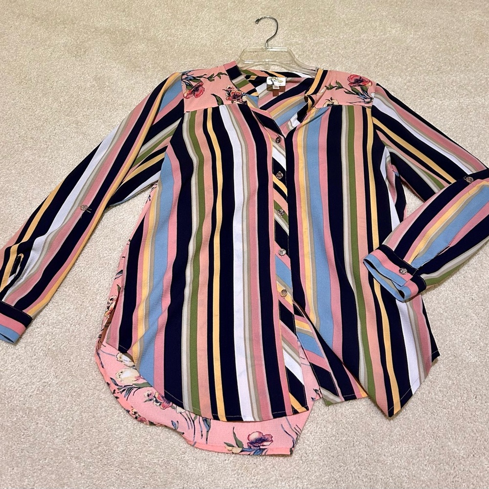 Anthropologie Fig & Flower Multi Stripe Floral Long Sleeve Button Shirt